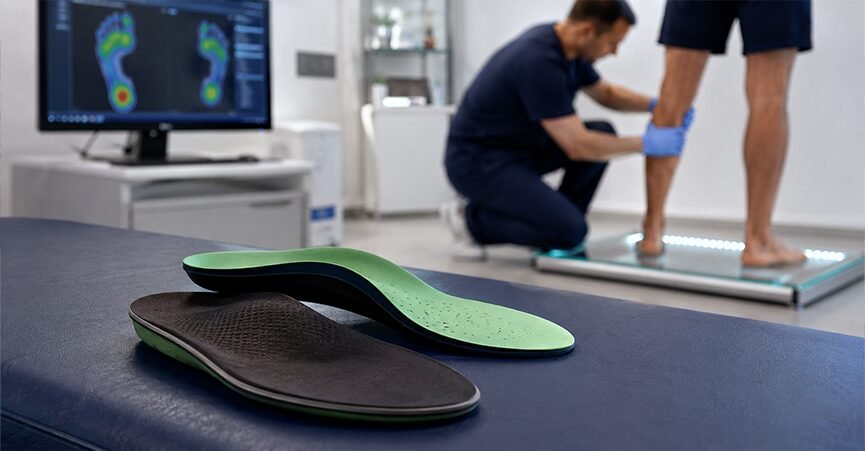 Custom orthotic insoles resting on a clinic table with a podiatrist conducting a biomechanical assessment on a patient in the background.