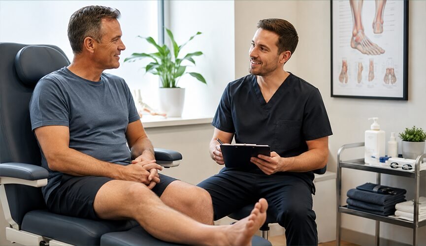 A male podiatrist holding a clipboard and consulting with a male patient sitting in a clinical chair.