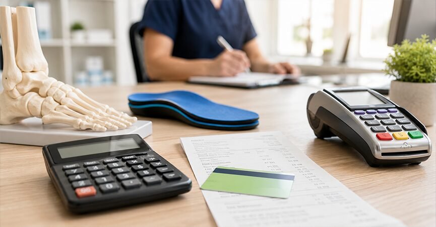 A payment terminal, calculator, and medical invoice on a podiatry clinic reception desk with a staff member working in the background.