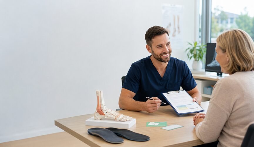 A male podiatrist smiling and discussing a medical form with a female patient at a clinic desk.