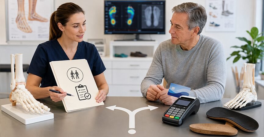 A female podiatrist explaining health insurance options to a male patient at a clinic desk with an EFTPOS terminal and foot orthotics.