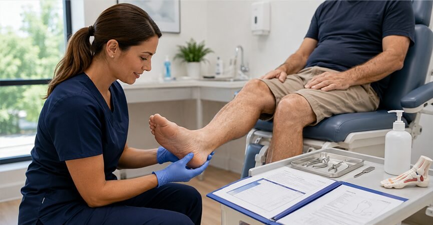 A female podiatrist wearing blue gloves examining a male patient's foot during a clinical appointment.