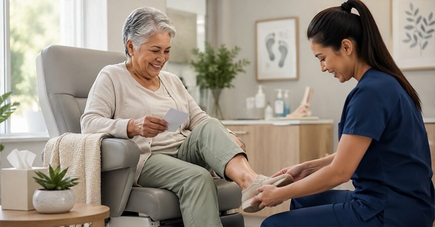 A female podiatrist assisting a smiling senior woman with her shoe during a foot care consultation.