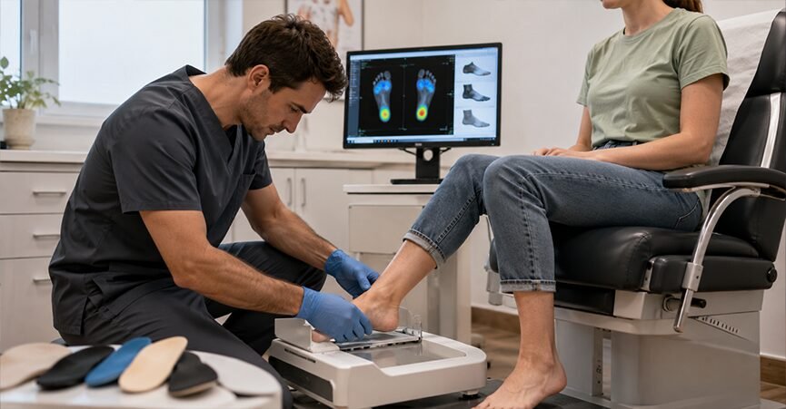 A podiatrist examining a patient's foot using a 3D digital scanner in a clinic, with biomechanical scan results shown on a background computer monitor.