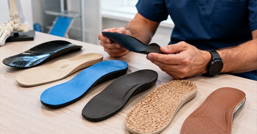 A podiatrist inspects a custom orthotic in hands, surrounded by a variety of shoe inserts made from carbon fiber, foam, cork, and leather arranged on a desk.