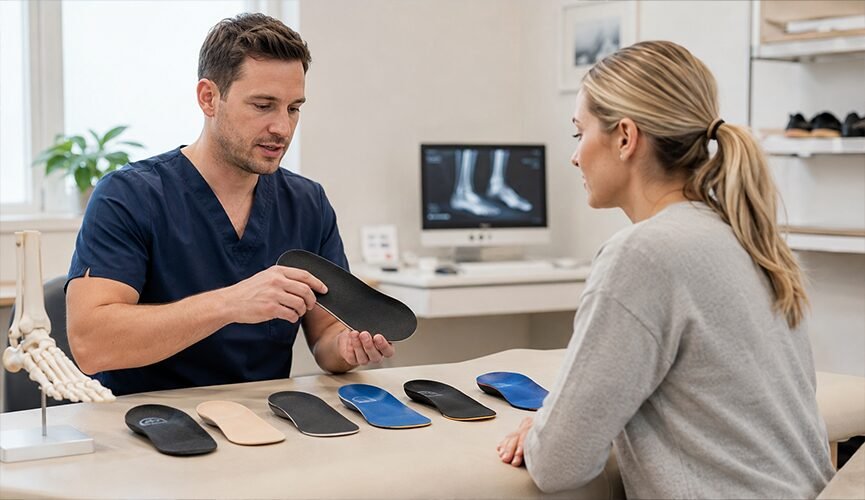A podiatrist showing a custom orthotic insole to a patient in a clinic, with sample insoles, a foot model, and an X-ray screen on the desk.