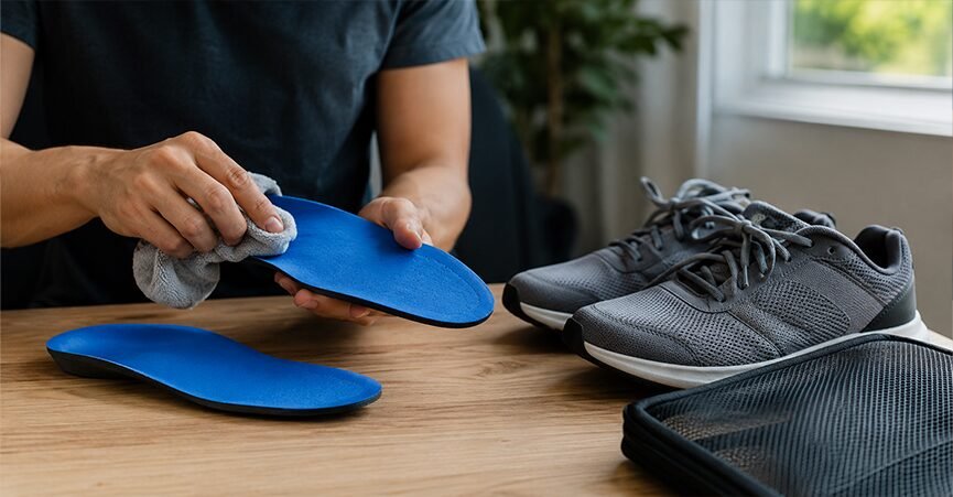 A person carefully wiping down a blue orthotic insole with a cloth on a wooden desk next to a pair of grey sneakers.